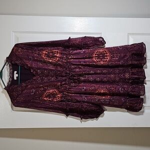 Frye and Co. Midi Flounce Royal Plum Combo Long Sleeve V-Neck  Dress Size Small